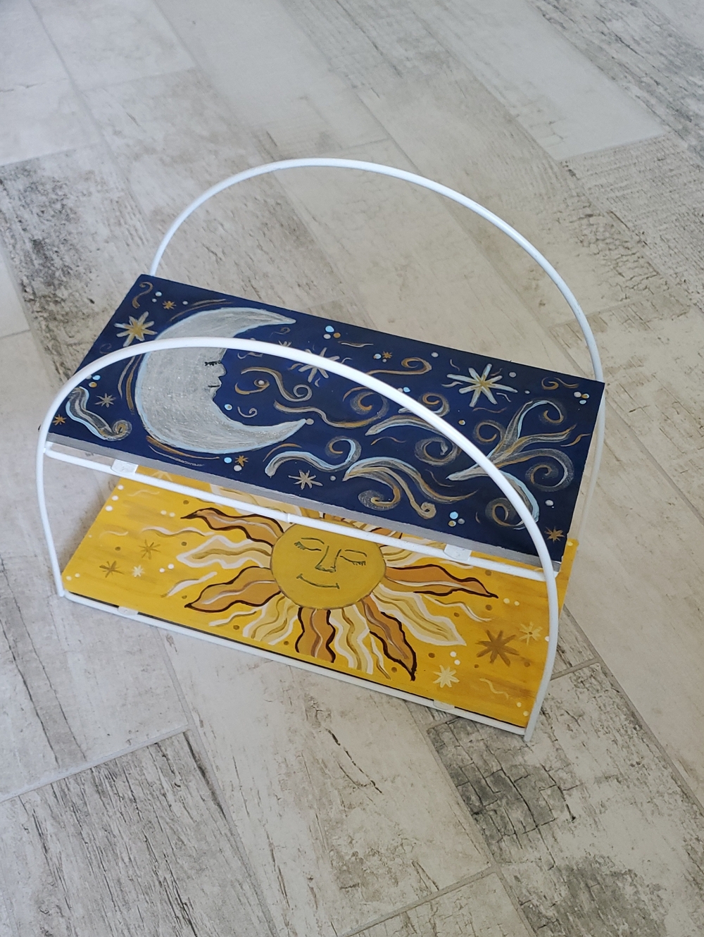 Hand Painted Sun & Moon Painted Two-Tier Wooden Home Accent Organizer Shelf